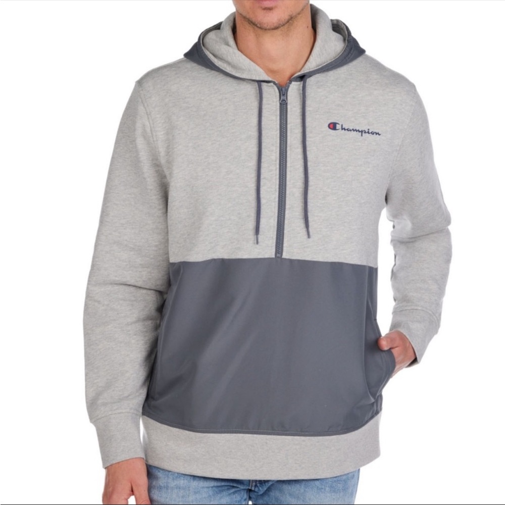 NWT！Champion Men’s Fleece Woven -Mix Half Zip Two Tone Hoodie Size L